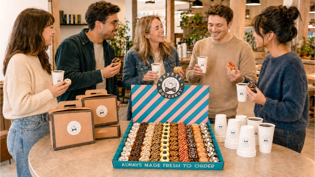 A colorful box filled with assorted glazed mini donuts.